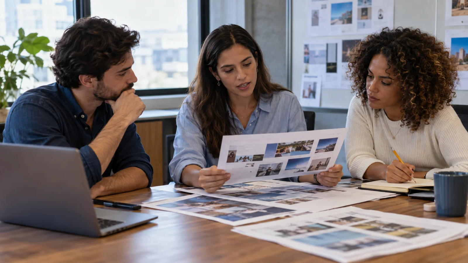 Equipe de comunicação revisando materiais de uma campanha.