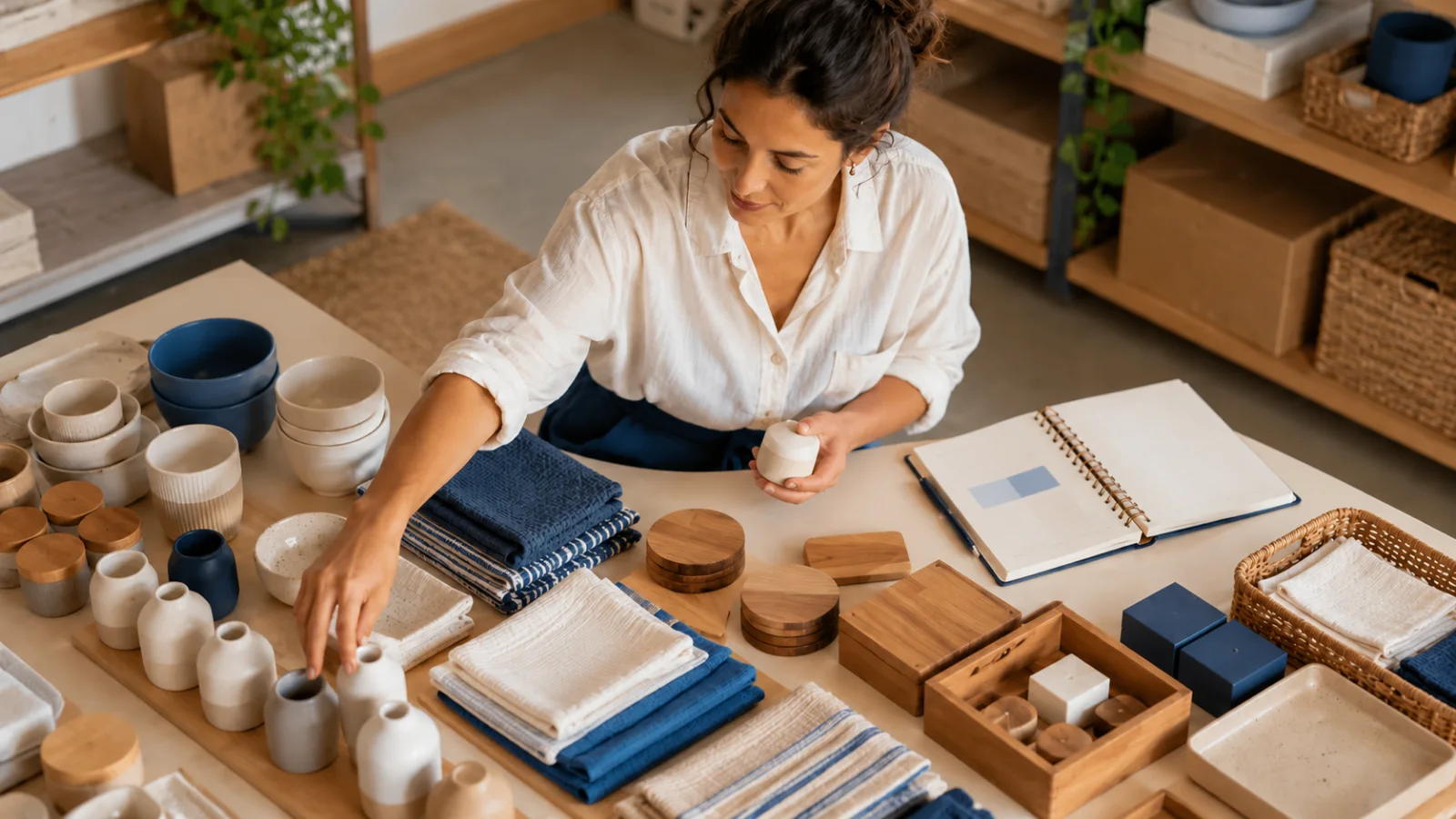 Organização de produtos em grupos sobre uma mesa de trabalho.