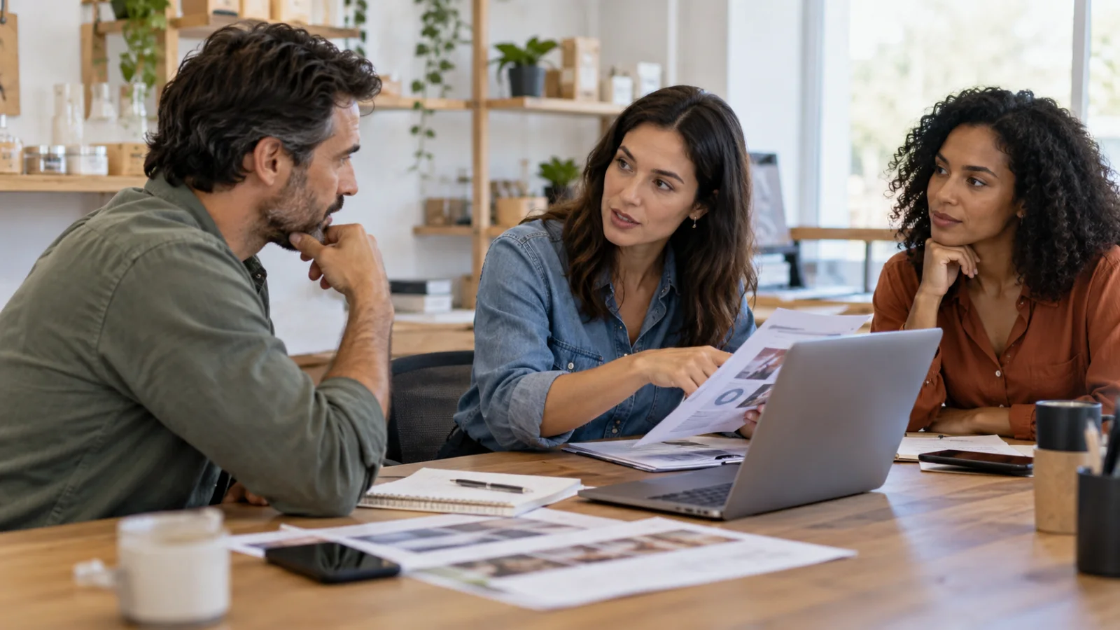 Empresário e consultores discutindo uma proposta de trabalho.
