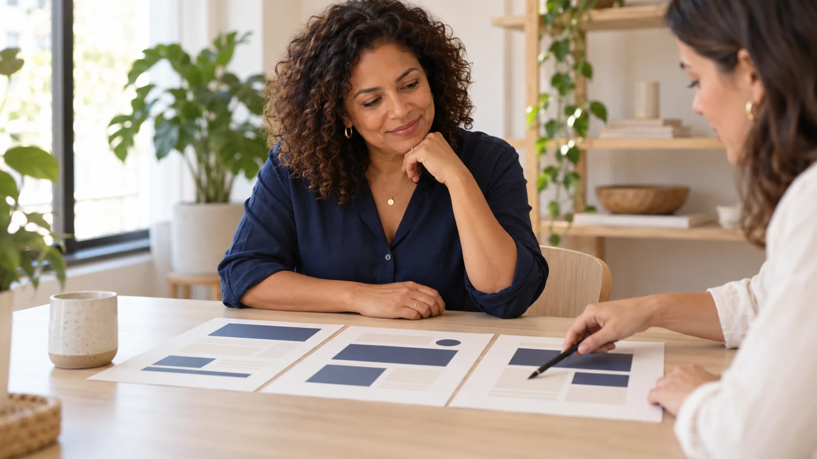 Empresária e designer discutindo a organização de páginas de um site.