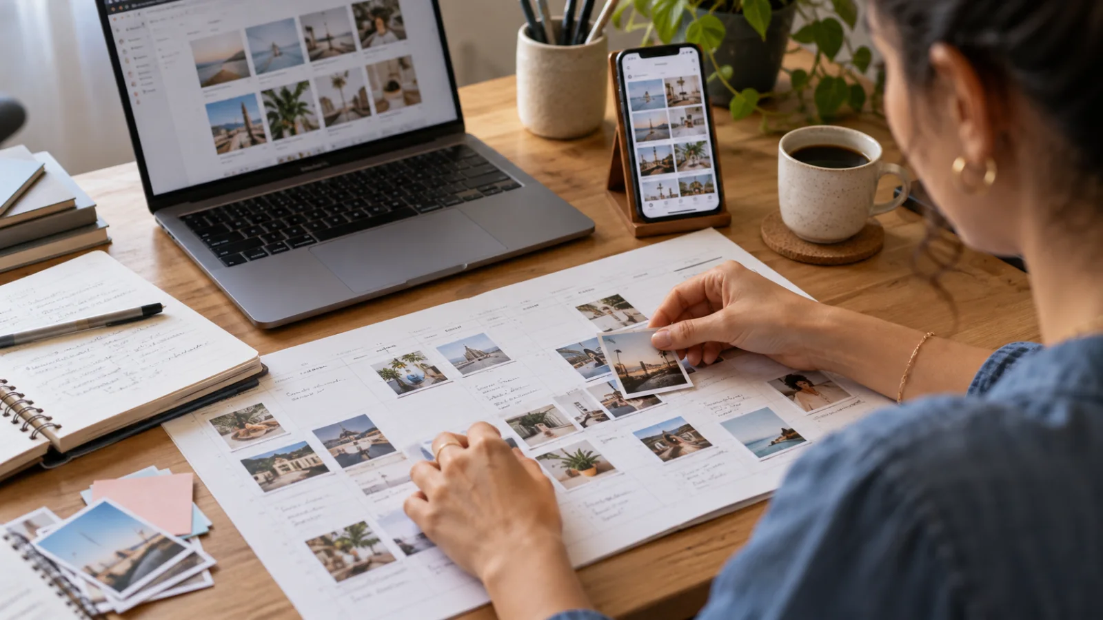 Planejamento de publicações com fotos, anotações e celular.