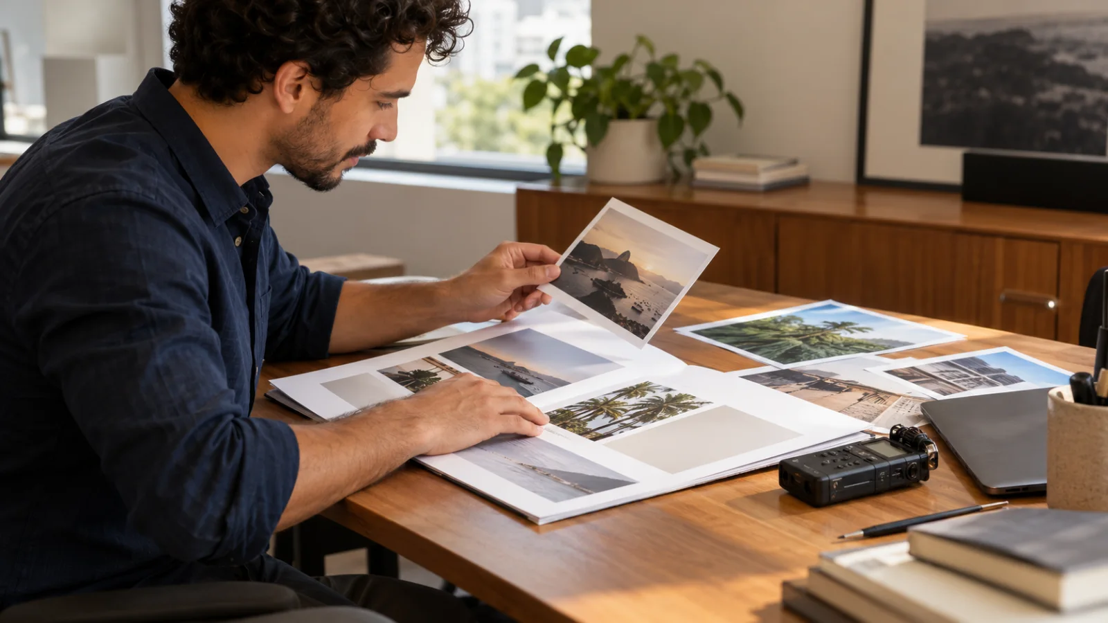 Profissional revisando fotografias e materiais de comunicação.