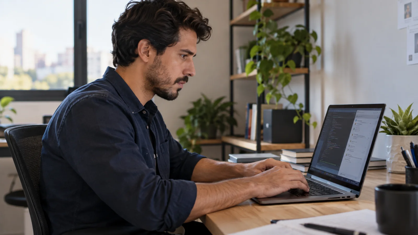 Profissional trabalhando com ferramentas de tecnologia em um notebook.