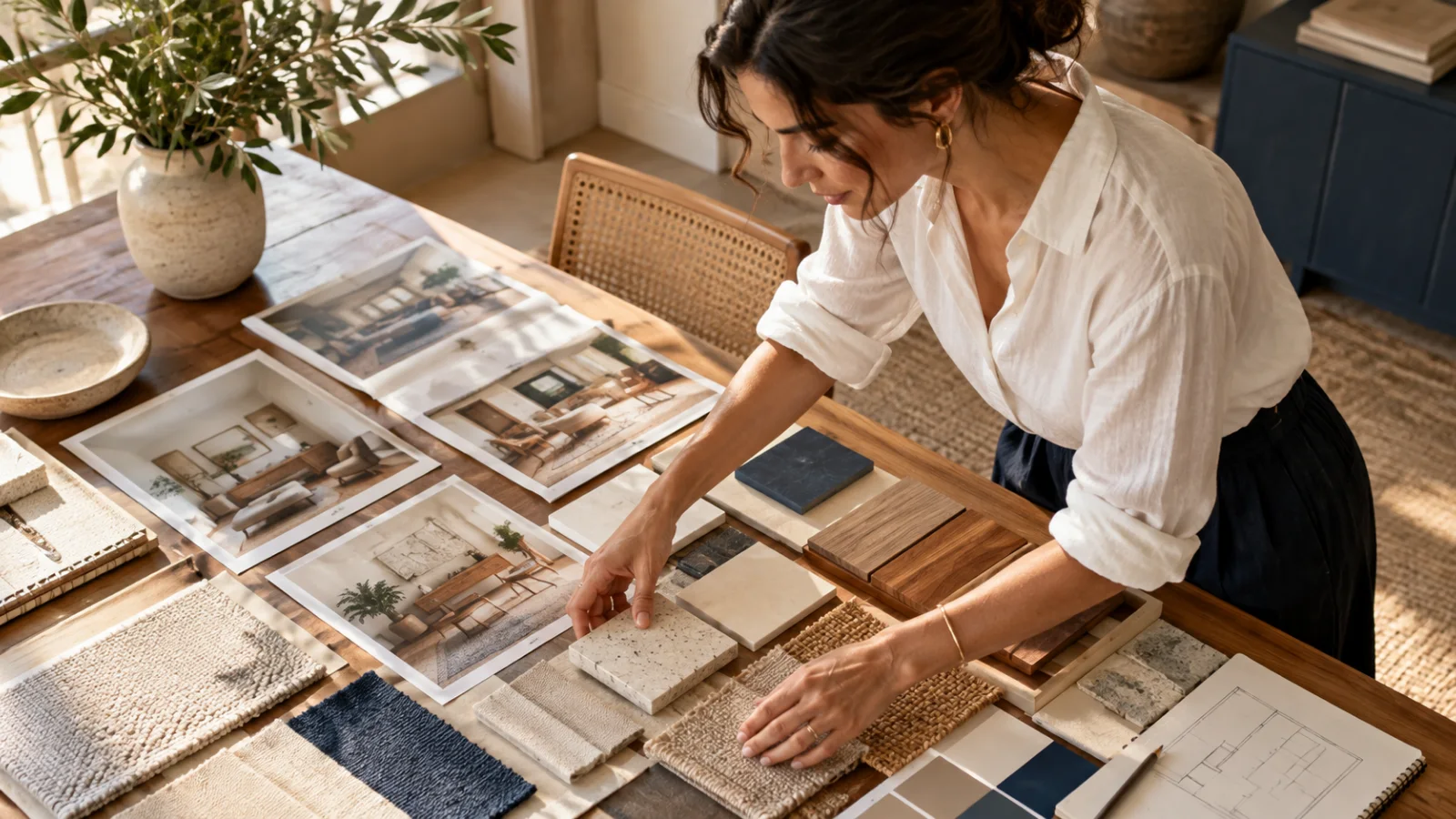 Organização de amostras e fotografias para um painel de inspiração.