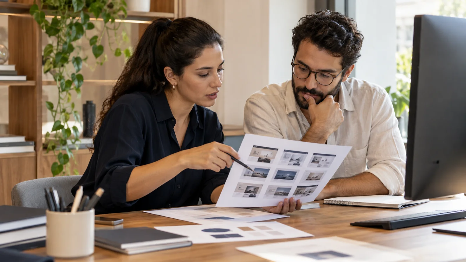 Especialistas conferindo um inventário de páginas de um site.