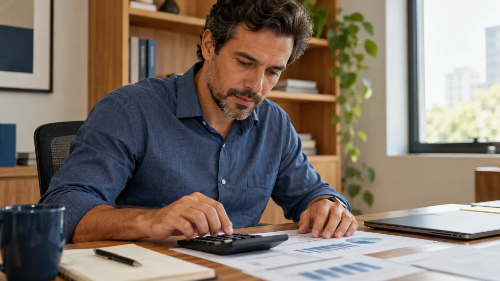 Gestor analisando gráficos e calculando custos de uma operação.