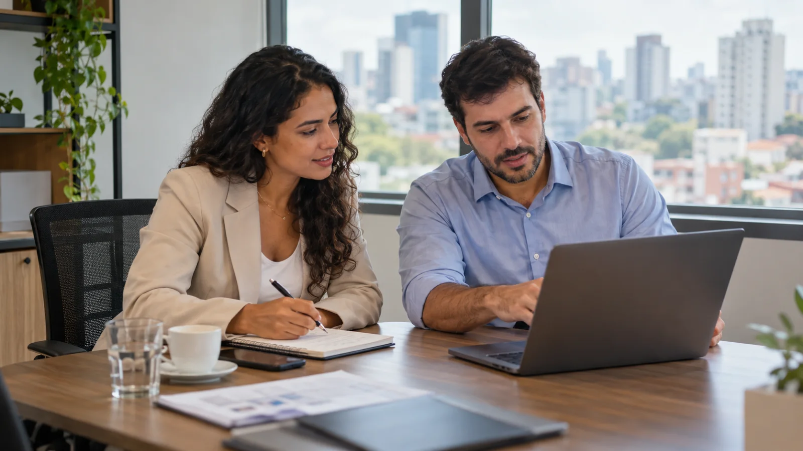 Profissionais analisando um site durante uma reunião de negócios.