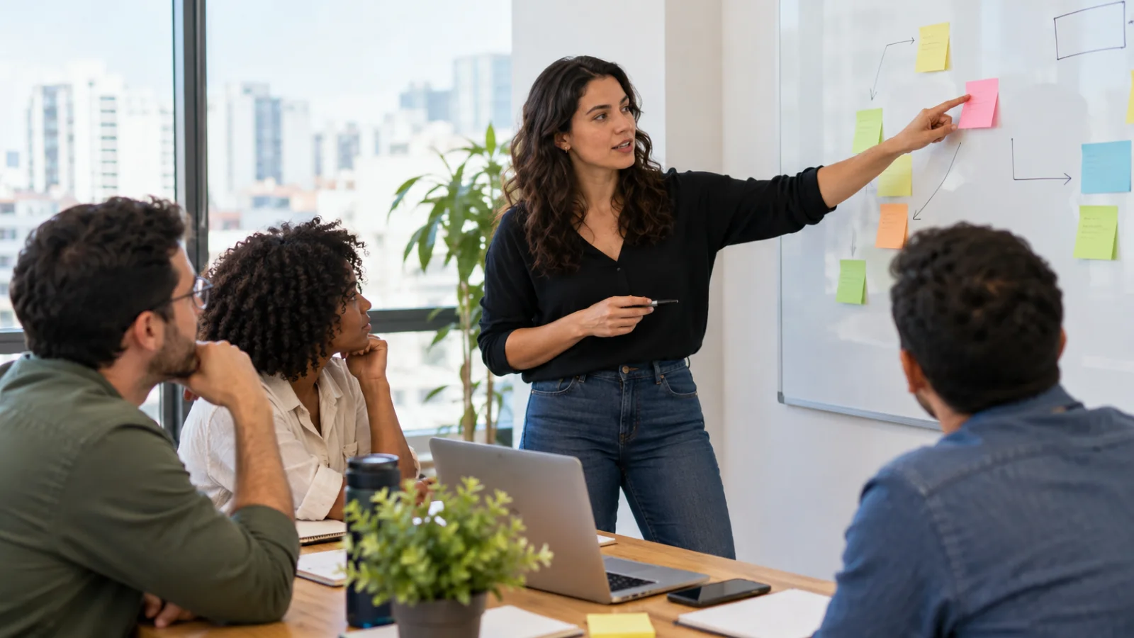 Liderança de marketing organizando prioridades com a equipe.