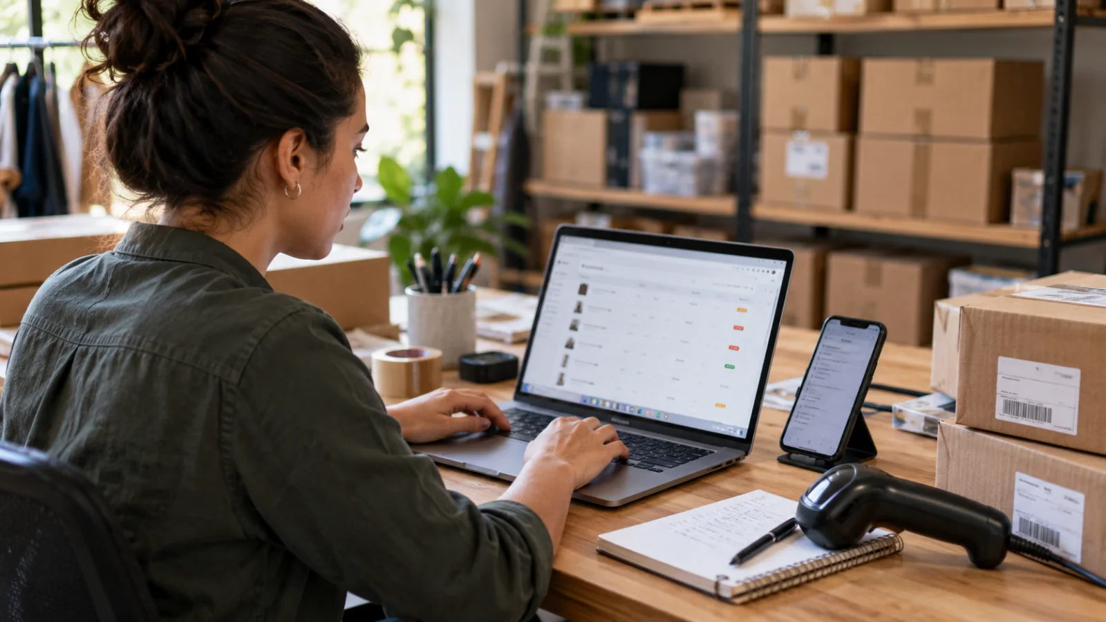 Mesa de operação digital com notebook, celular e embalagens de pedidos.